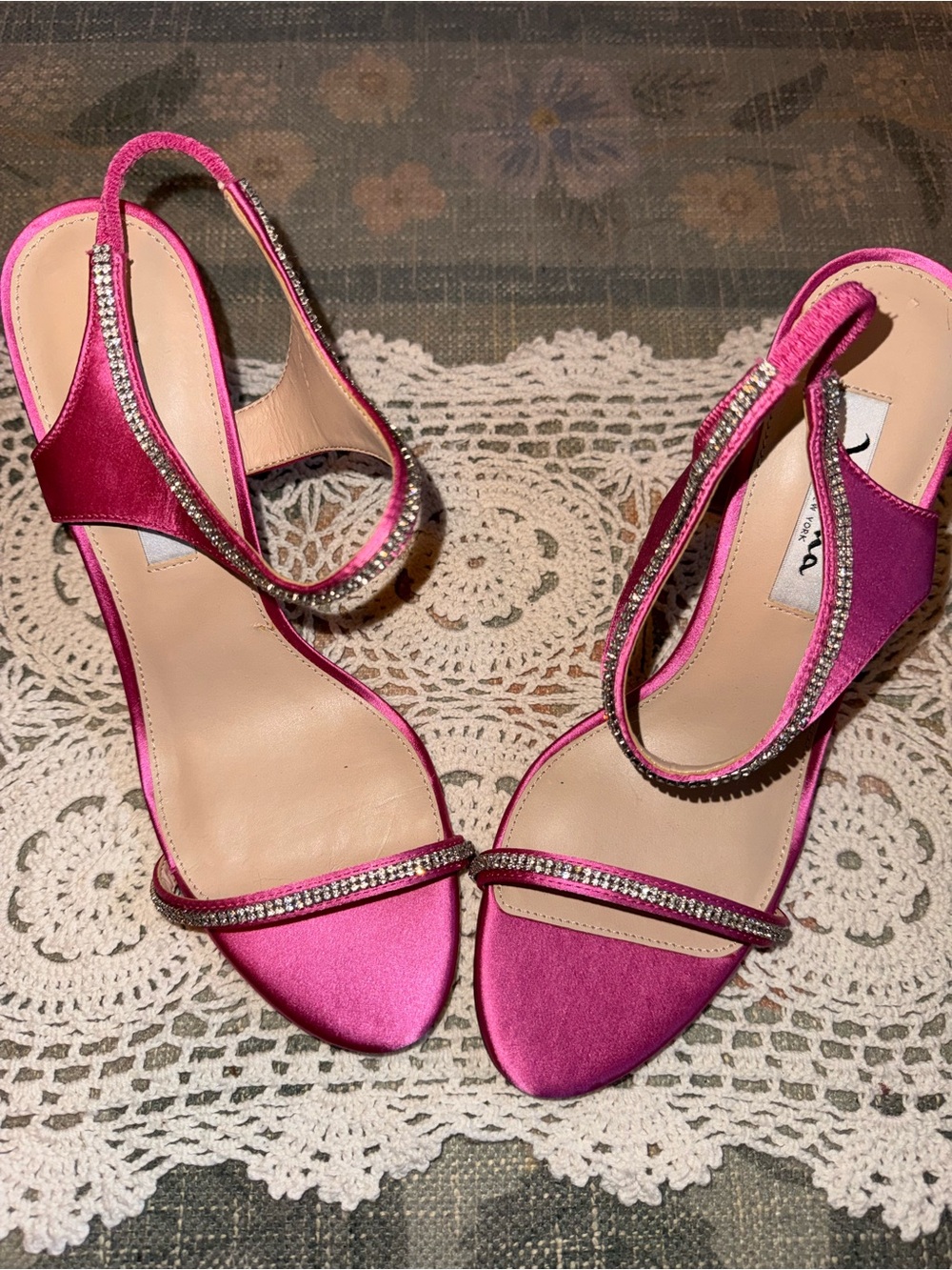 Women's Hot Pink Satin Slingback Sandals with Crystal Trim